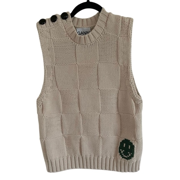 Ganni Beige Smiley Graphic Cable Knit Sweater Vest NWT Small - Picture 1 of 8
